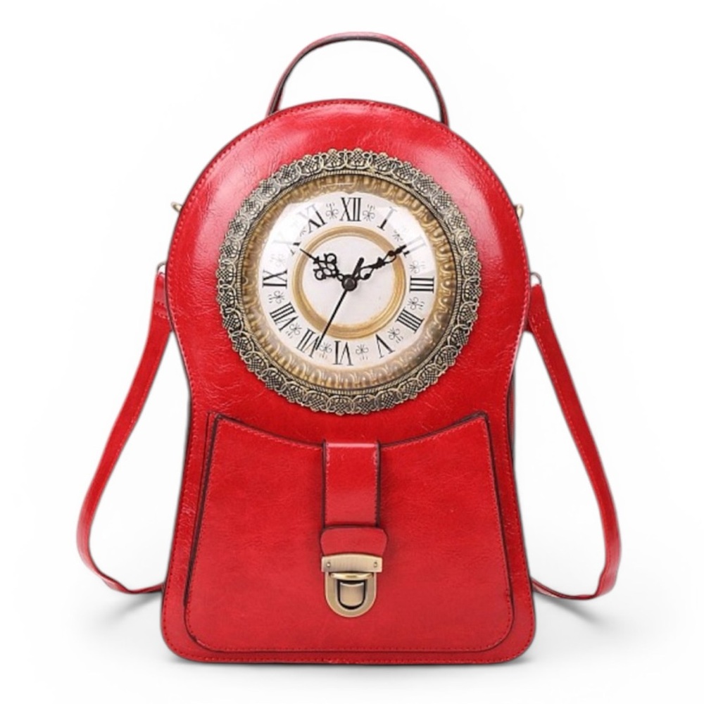 Grandfather Clock Backpack Functional Red Faux Leather NWT